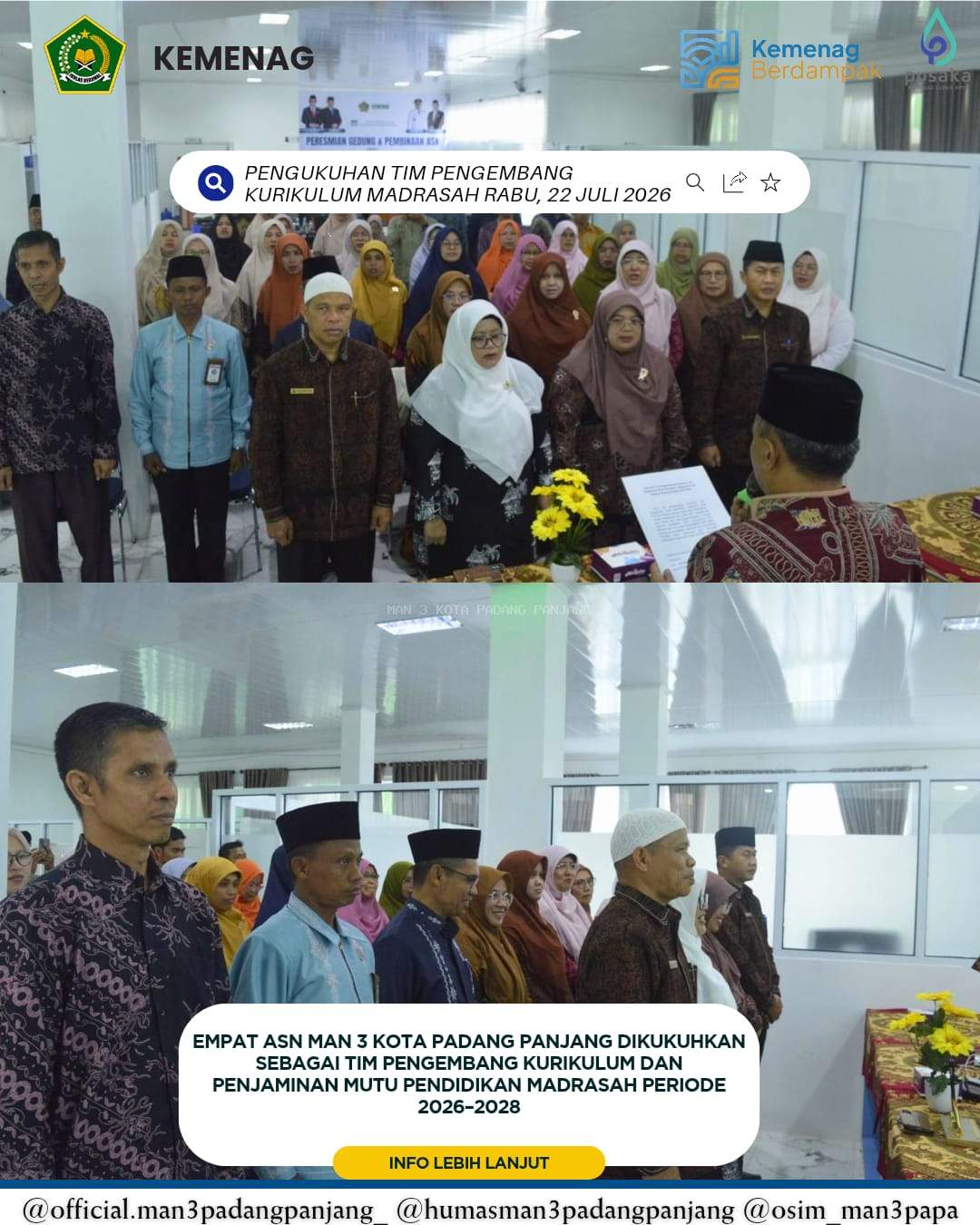 Empat ASN MAN 3 Kota Padang Panjang Dikukuhkan sebagai Tim Pengembang Kurikulum dan Penjaminan Mutu Pendidikan Madrasah Periode 2026–2028